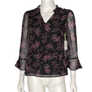 CeCe Floral Print Sheer Sleeve Blouse Black Women’s Sz XS